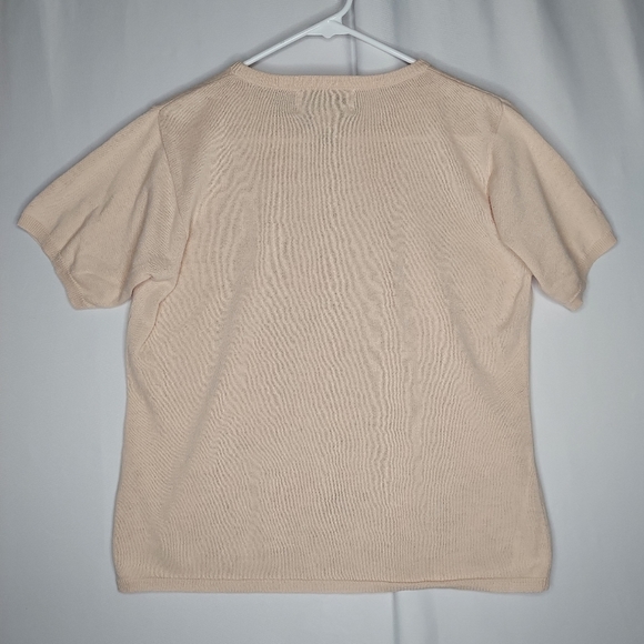 Oleg Cassini Sweater Embroidered Short Sleeve Medium Knit Pastel Floral Crew VTG - Picture 2 of 8